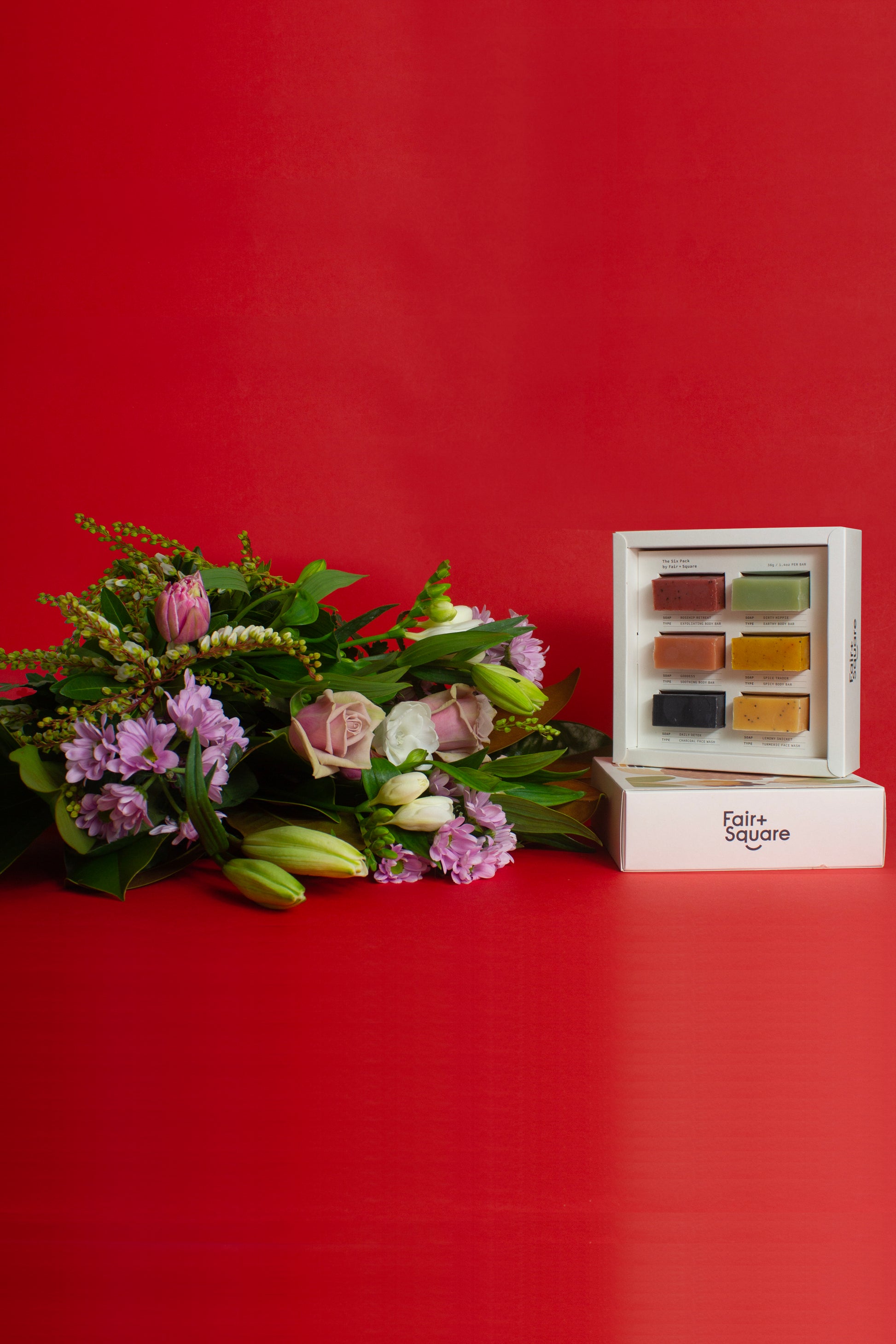 The Carwash gift bundle with pastel bouquet and Fair + Square natural soaps