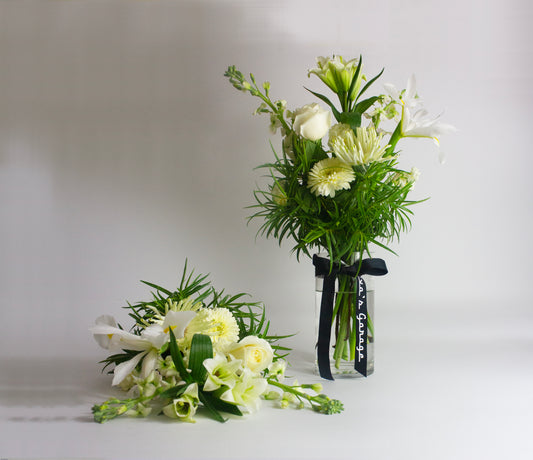 Small neutral flower arrangement in vase – $45 size