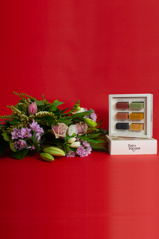 The Scrub a Dub gift bundle with pastel bouquet and Fair + Square natural soaps